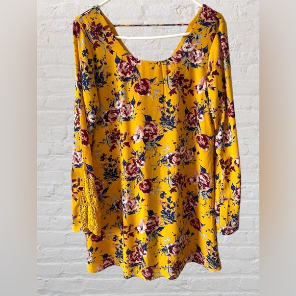 Speechless Mustard Yellow Floral Long Lace Bell Sleeve A-Line Shift Dress Size L - Picture 2 of 8